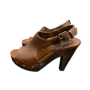 Chaps Women's Sarista Brown Vegan Leather Peep Toe Heels Studded Accents Size 6B